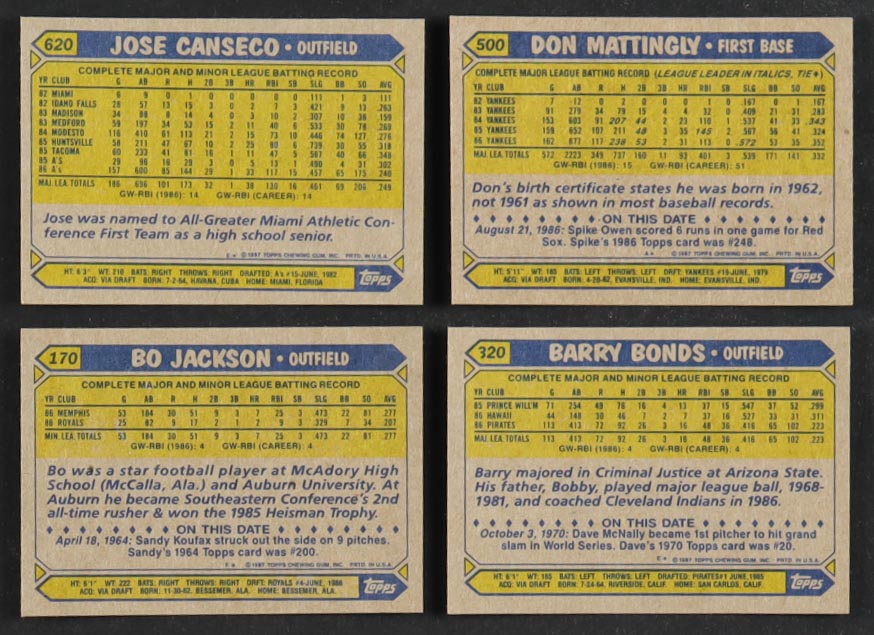 1987 Topps Baseball Complete Set of (792) Cards with Bo Jackson #170 RC, Barry Bonds #320 RC, Jose Canseco #620, Don Mattingly #500 at PristineAuction.com 1987 Topps Baseball Complete Set of (792) Cards with Bo Jackson #170 RC, Barry Bonds #320 RC, Jose Canseco #620, Don Mattingly #500 at PristineAuction.com