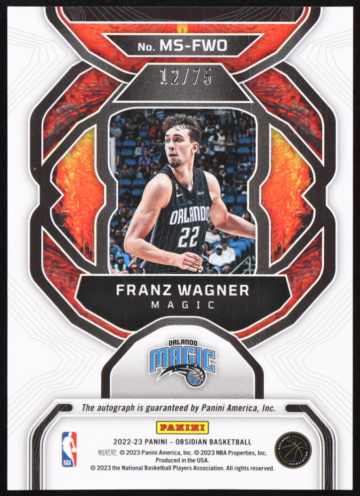 Franz Wagner 2022-23 Panini Obsidian Magmatic Signatures Electric Etch Purple #7 #12/75 at PristineAuction.com Franz Wagner 2022-23 Panini Obsidian Magmatic Signatures Electric Etch Purple #7 #12/75 at PristineAuction.com