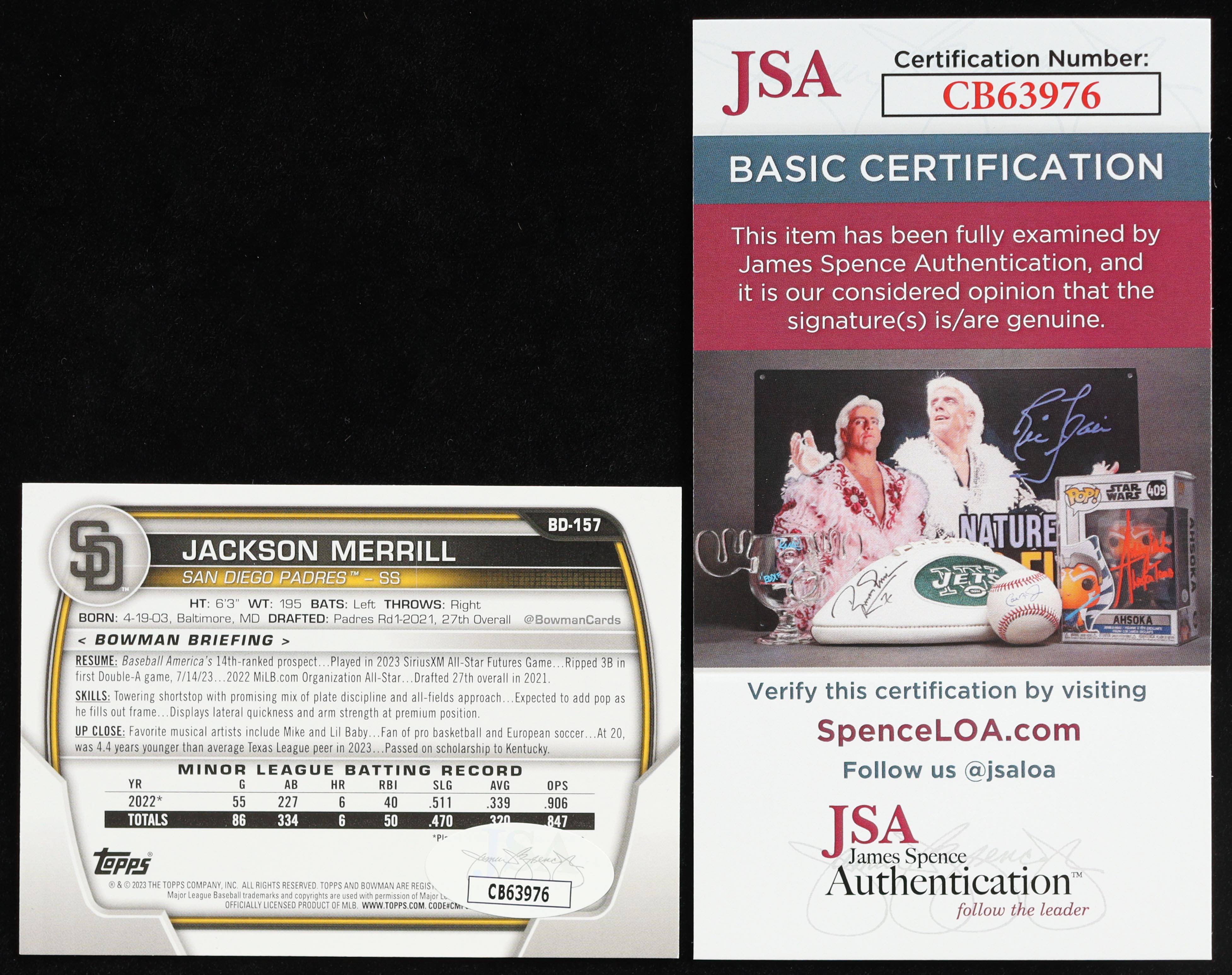 Jackson Merrill Signed 2023 Bowman Draft Baseball #BD-157 (JSA) at PristineAuction.com Jackson Merrill Signed 2023 Bowman Draft Baseball #BD-157 (JSA) at PristineAuction.com