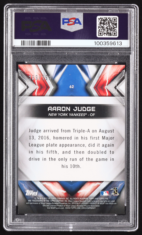 Aaron Judge 2017 Topps Fire Orange #62 #269/299 RC (PSA 9) at PristineAuction.com Aaron Judge 2017 Topps Fire Orange #62 #269/299 RC (PSA 9) at PristineAuction.com