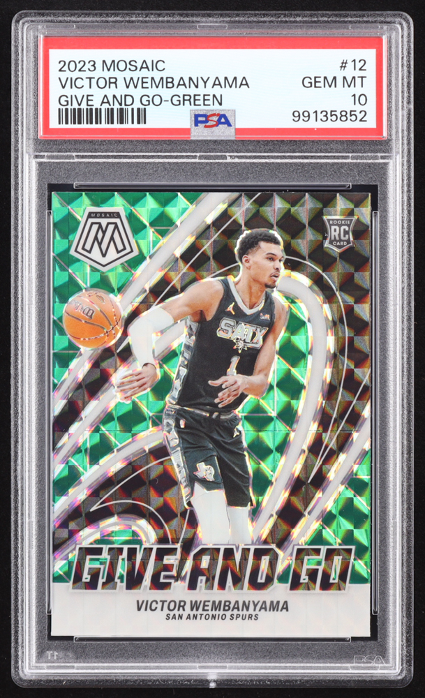Victor Wembanyama 2023-24 Panini Mosaic Give and Go Mosaic Green #12 RC (PSA 10) at PristineAuction.com Victor Wembanyama 2023-24 Panini Mosaic Give and Go Mosaic Green #12 RC (PSA 10) at PristineAuction.com