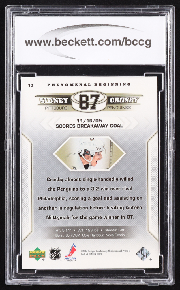 Sidney Crosby 2005-06 Upper Deck Phenomenal Beginnings #10 RC (BCCG 10) at PristineAuction.com Sidney Crosby 2005-06 Upper Deck Phenomenal Beginnings #10 RC (BCCG 10) at PristineAuction.com