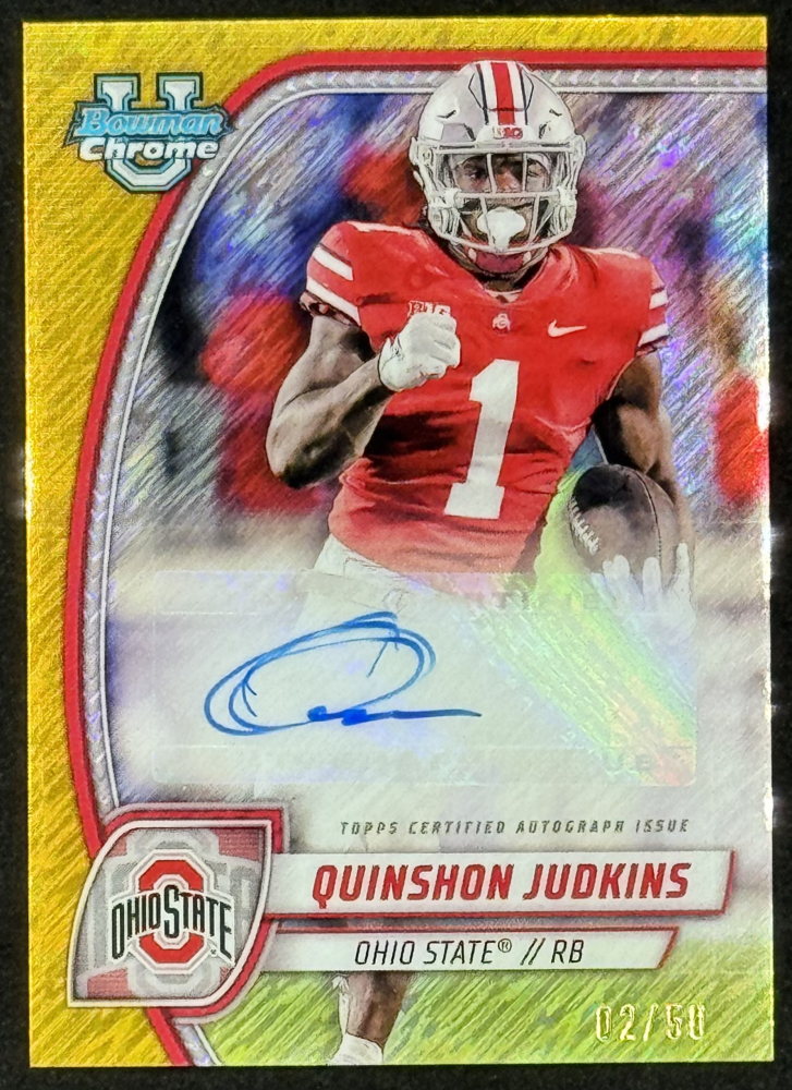 Quinshon Judkins 2024 Bowman Chrome University Prospect Autographs Gold Shimmer Refractors #PAQJU RC #02/50