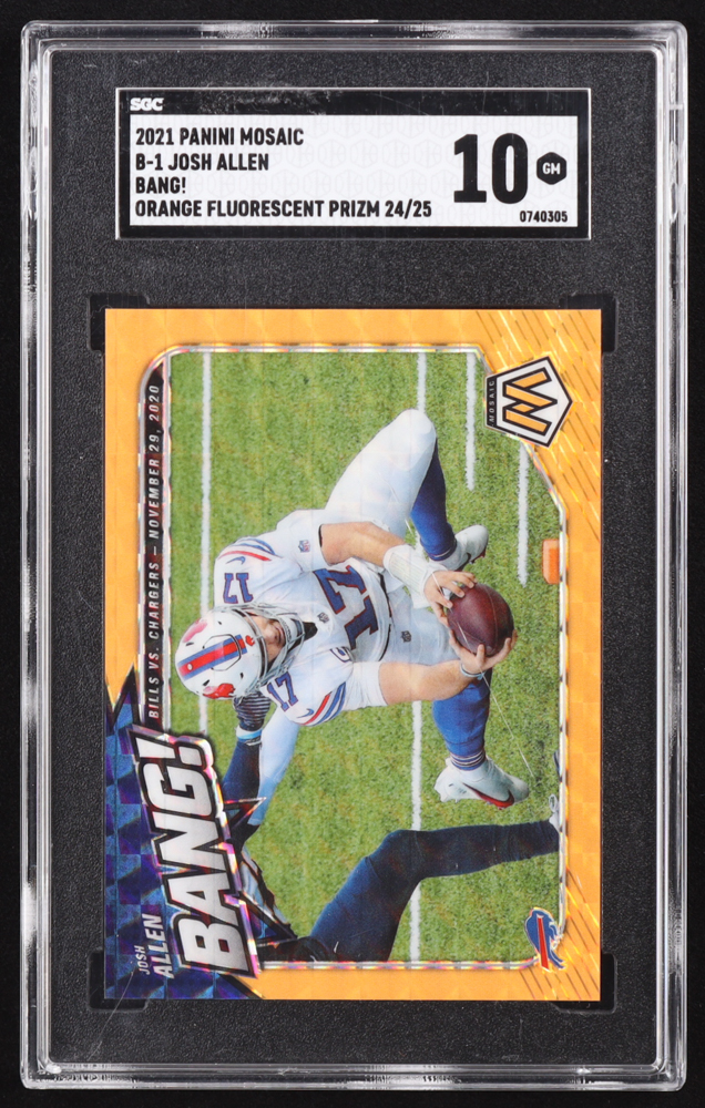 Josh Allen 2021 Panini Mosaic Bang Mosaic Orange Fluorescent #1 #24/25 (SGC 10) at PristineAuction.com Josh Allen 2021 Panini Mosaic Bang Mosaic Orange Fluorescent #1 #24/25 (SGC 10) at PristineAuction.com
