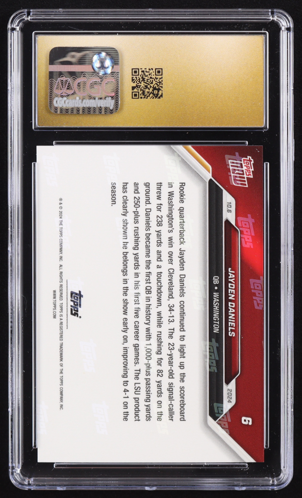 Jayden Daniels 2024 Topps Now #6 RC (CGC 10 | Pristine Black Label) at PristineAuction.com Jayden Daniels 2024 Topps Now #6 RC (CGC 10 | Pristine Black Label) at PristineAuction.com