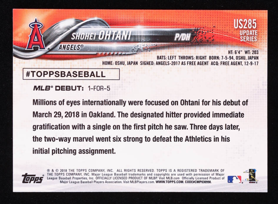 Shohei Ohtani 2018 Topps Update #US285 RD RC at PristineAuction.com Shohei Ohtani 2018 Topps Update #US285 RD RC at PristineAuction.com