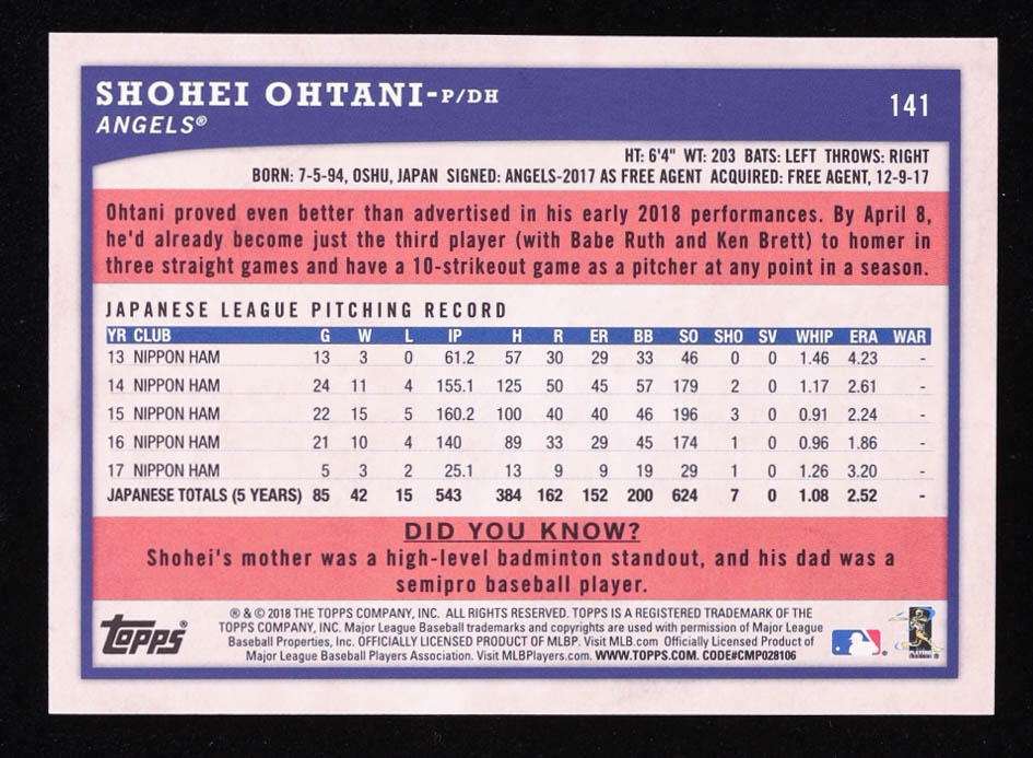 Shohei Ohtani 2018 Topps Big League #141 RC at PristineAuction.com Shohei Ohtani 2018 Topps Big League #141 RC at PristineAuction.com