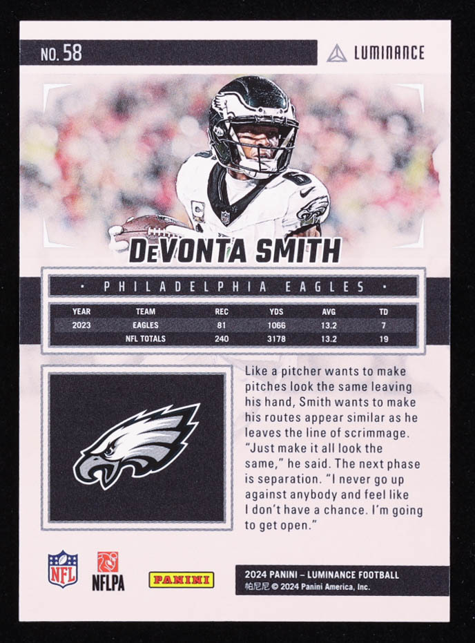 DeVonta Smith 2024 Panini Luminance Gold #58 #148/299 at PristineAuction.com DeVonta Smith 2024 Panini Luminance Gold #58 #148/299 at PristineAuction.com
