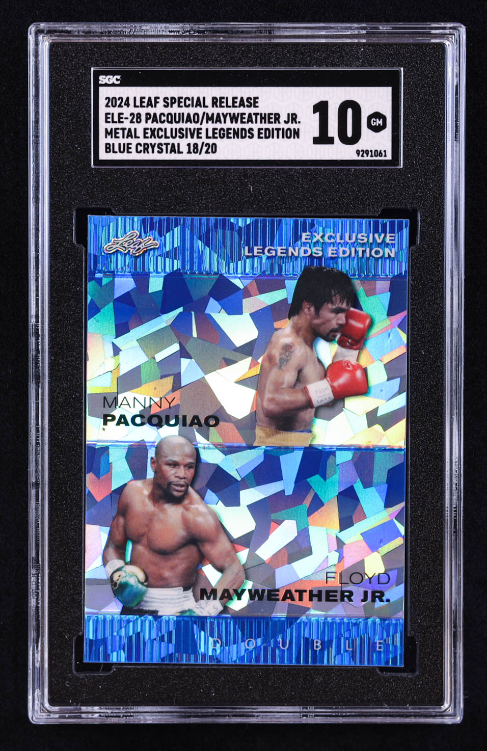 Manny Pacquiao / Floyd Mayweather Jr. 2024 Leaf Special Release Metal Exclusive Legends Edition Crystal Blue #ELE28 #18/20 (SGC 10) at PristineAuction.com Manny Pacquiao / Floyd Mayweather Jr. 2024 Leaf Special Release Metal Exclusive Legends Edition Crystal Blue #ELE28 #18/20 (SGC 10) at PristineAuction.com