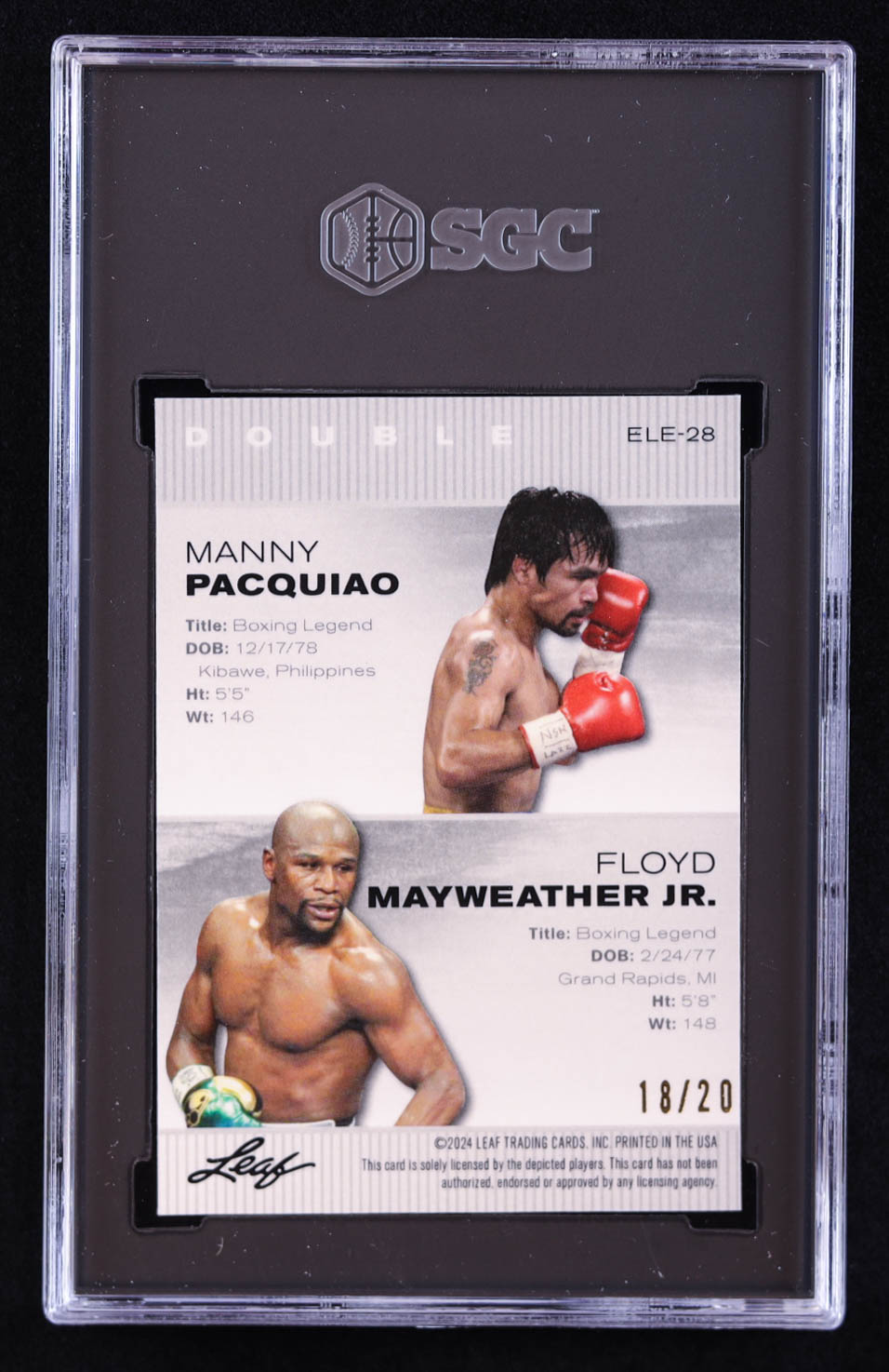 Manny Pacquiao / Floyd Mayweather Jr. 2024 Leaf Special Release Metal Exclusive Legends Edition Crystal Blue #ELE28 #18/20 (SGC 10) at PristineAuction.com Manny Pacquiao / Floyd Mayweather Jr. 2024 Leaf Special Release Metal Exclusive Legends Edition Crystal Blue #ELE28 #18/20 (SGC 10) at PristineAuction.com