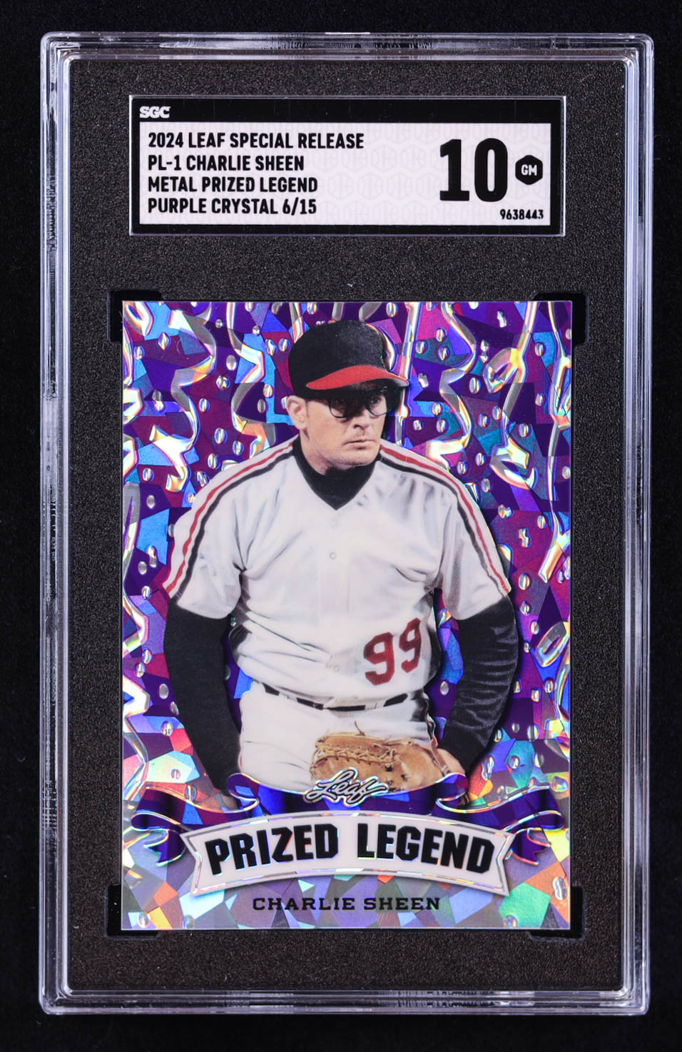 Charlie Sheen 2024 Leaf Special Release Metal Prized Legend Crystal Purple #PL1 #06/15 (SGC 10) at PristineAuction.com Charlie Sheen 2024 Leaf Special Release Metal Prized Legend Crystal Purple #PL1 #06/15 (SGC 10) at PristineAuction.com