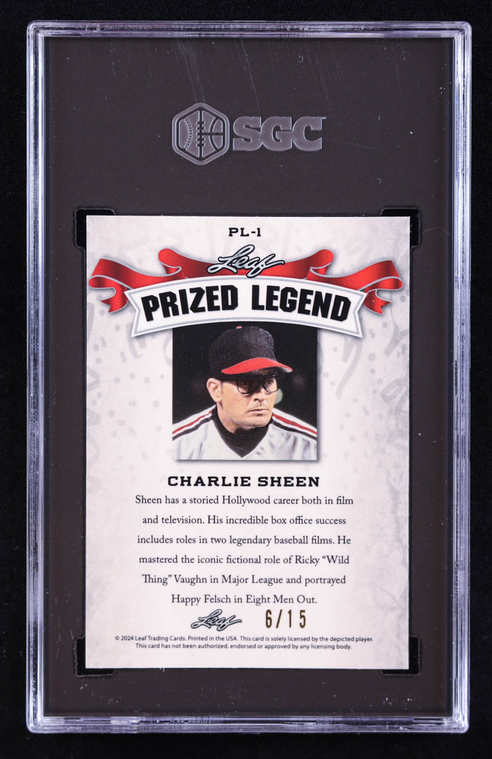 Charlie Sheen 2024 Leaf Special Release Metal Prized Legend Crystal Purple #PL1 #06/15 (SGC 10) at PristineAuction.com Charlie Sheen 2024 Leaf Special Release Metal Prized Legend Crystal Purple #PL1 #06/15 (SGC 10) at PristineAuction.com