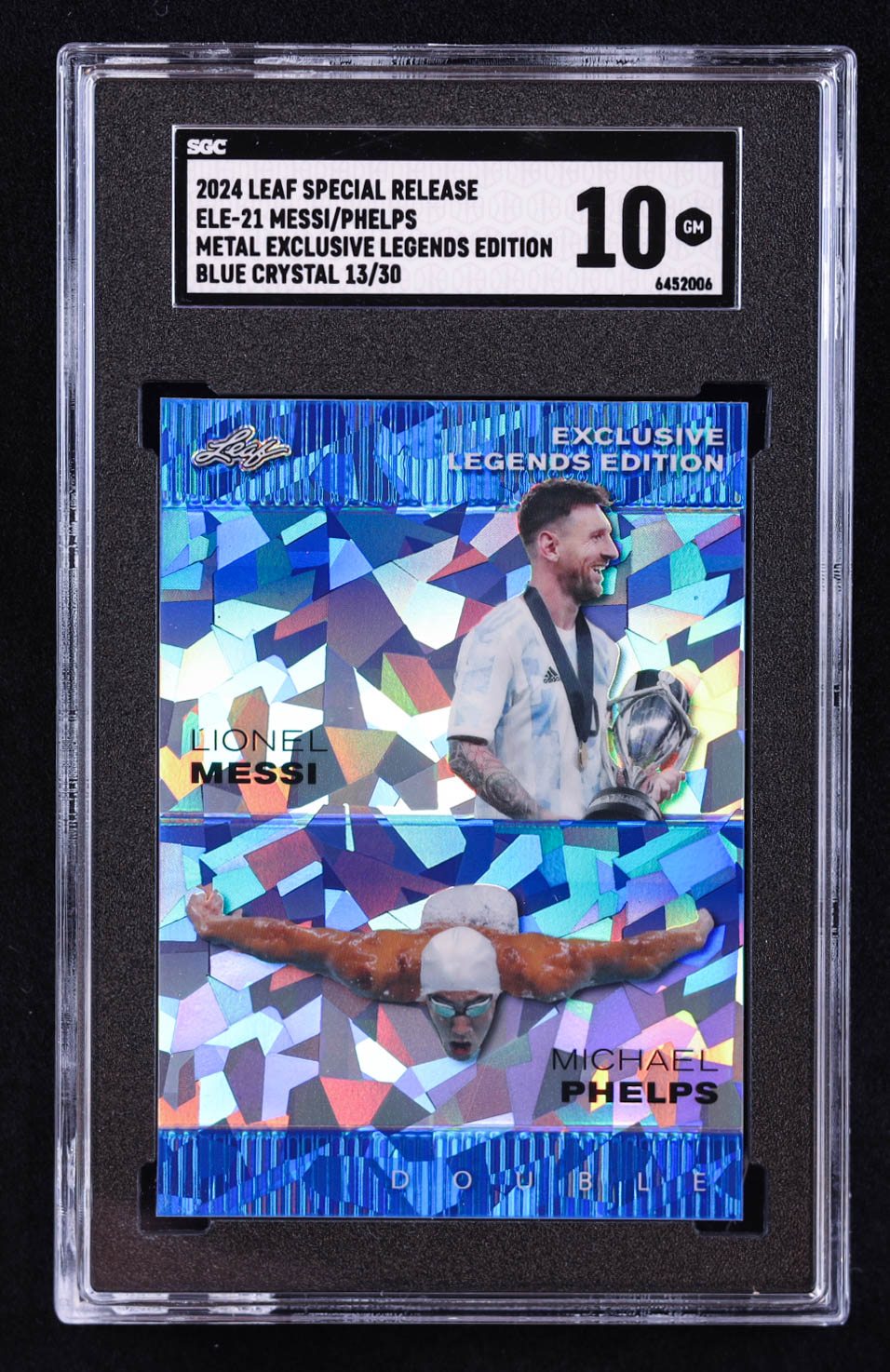 Lionel Messi / Michael Phelps 2024 Leaf Special Release Metal Exclusive Legends Edition Crystal Blue #ELE21 #13/20 (SGC 10) at PristineAuction.com Lionel Messi / Michael Phelps 2024 Leaf Special Release Metal Exclusive Legends Edition Crystal Blue #ELE21 #13/20 (SGC 10) at PristineAuction.com