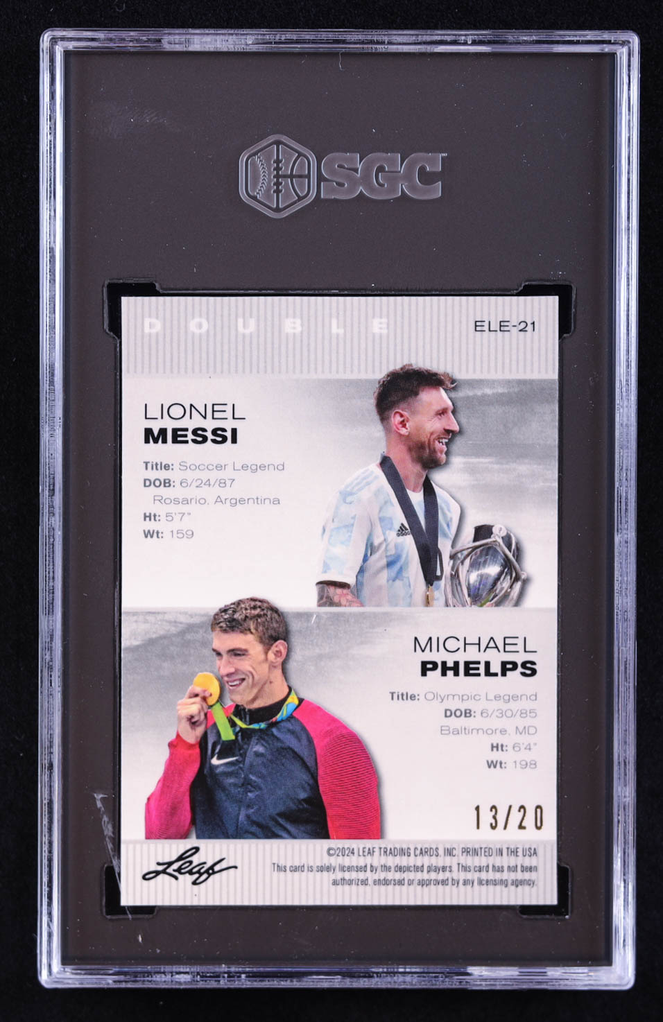 Lionel Messi / Michael Phelps 2024 Leaf Special Release Metal Exclusive Legends Edition Crystal Blue #ELE21 #13/20 (SGC 10) at PristineAuction.com Lionel Messi / Michael Phelps 2024 Leaf Special Release Metal Exclusive Legends Edition Crystal Blue #ELE21 #13/20 (SGC 10) at PristineAuction.com
