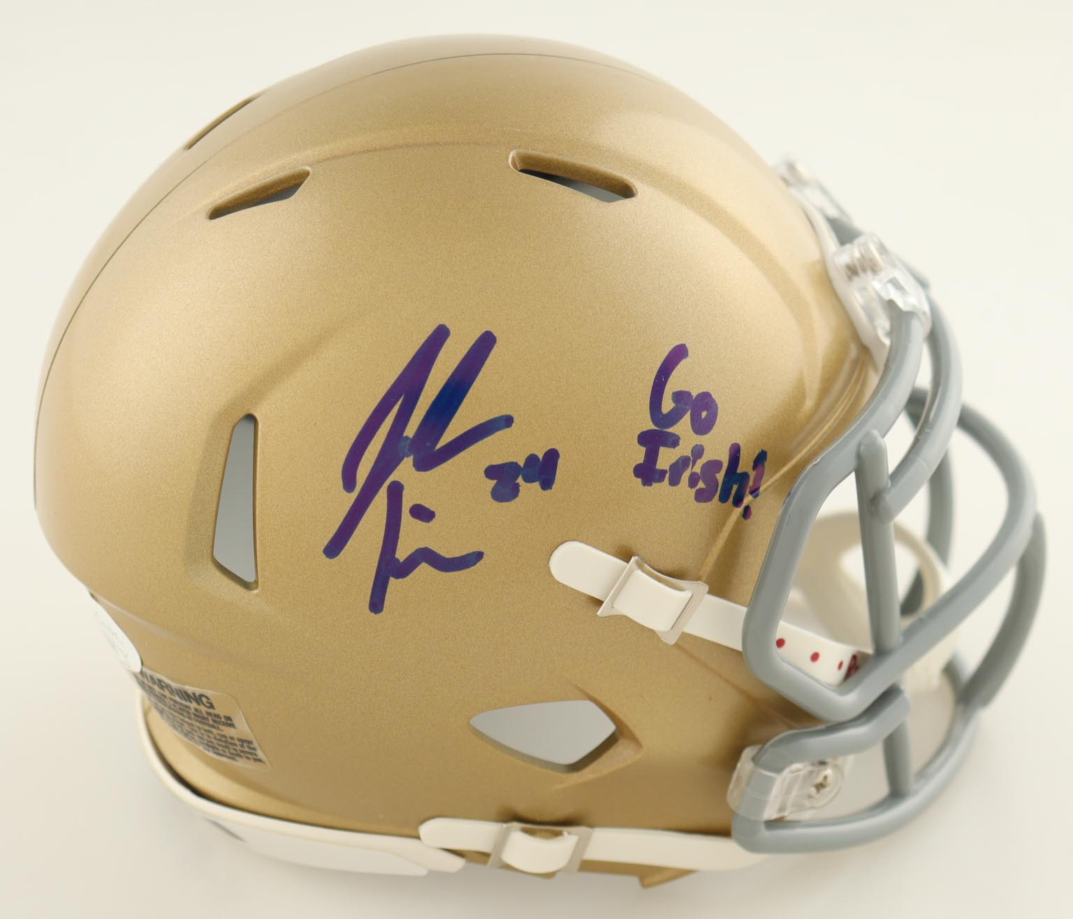 Jack Kiser Signed Notre Dame Fighting Irish Speed Mini Helmet Inscribed "Go Irish!" (JSA) at PristineAuction.com Jack Kiser Signed Notre Dame Fighting Irish Speed Mini Helmet Inscribed "Go Irish!" (JSA) at PristineAuction.com