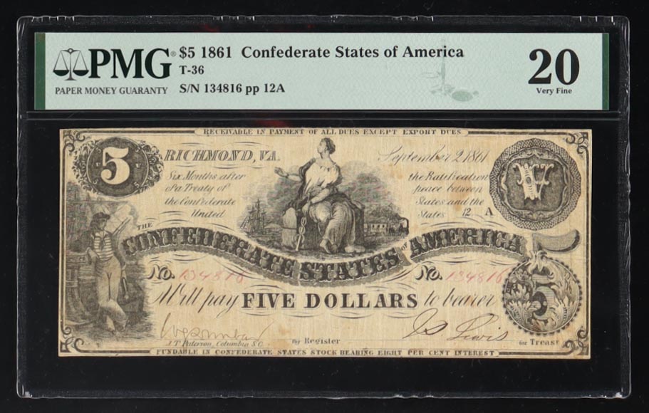 1861 Confederate States of America $5 Note, T-36 (PMG Very Fine 20) at PristineAuction.com 1861 Confederate States of America $5 Note, T-36 (PMG Very Fine 20) at PristineAuction.com