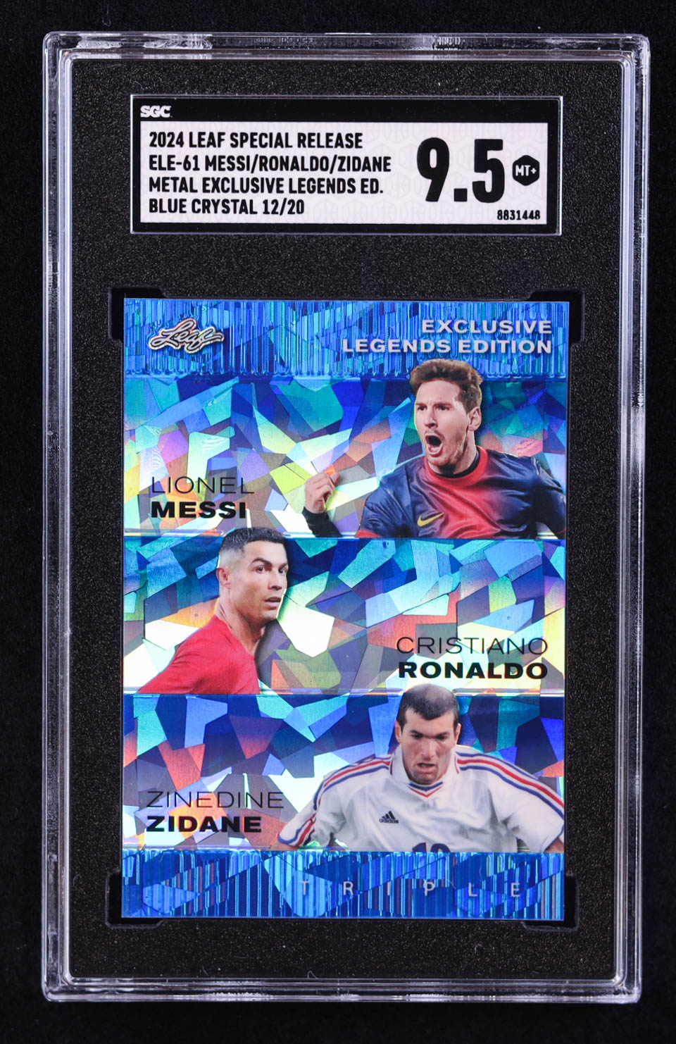Lionel Messi / Cristiano Ronaldo / Zinedine Zidane 2024 Leaf Metal Special Release Exclusive Legends Edition Crystal Blue #ELE61 #/20 (SGC 9.5) at PristineAuction.com Lionel Messi / Cristiano Ronaldo / Zinedine Zidane 2024 Leaf Metal Special Release Exclusive Legends Edition Crystal Blue #ELE61 #/20 (SGC 9.5) at PristineAuction.com