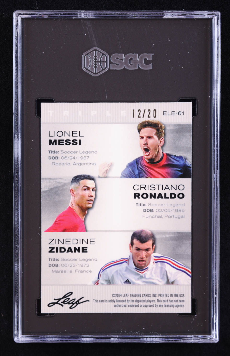 Lionel Messi / Cristiano Ronaldo / Zinedine Zidane 2024 Leaf Metal Special Release Exclusive Legends Edition Crystal Blue #ELE61 #/20 (SGC 9.5) at PristineAuction.com Lionel Messi / Cristiano Ronaldo / Zinedine Zidane 2024 Leaf Metal Special Release Exclusive Legends Edition Crystal Blue #ELE61 #/20 (SGC 9.5) at PristineAuction.com