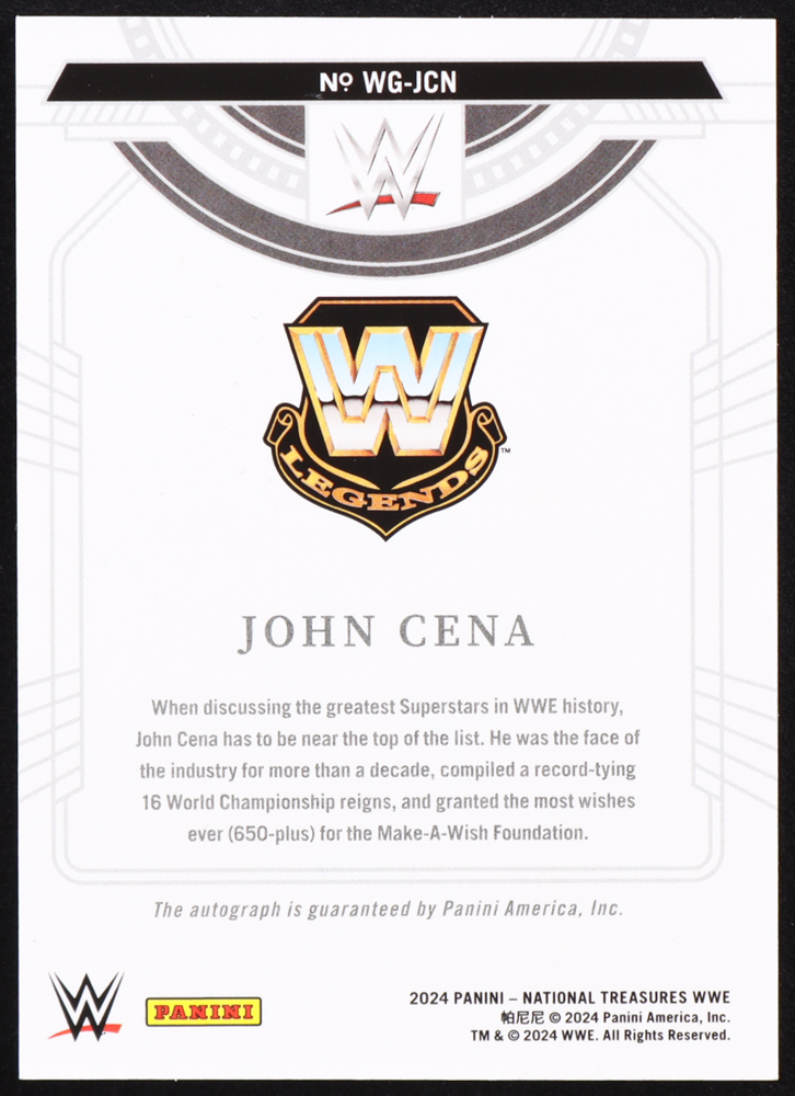 John Cena 2024 Panini National Treasures WWE WWE's Greatest Signatures #1 #61/99 at PristineAuction.com John Cena 2024 Panini National Treasures WWE WWE's Greatest Signatures #1 #61/99 at PristineAuction.com