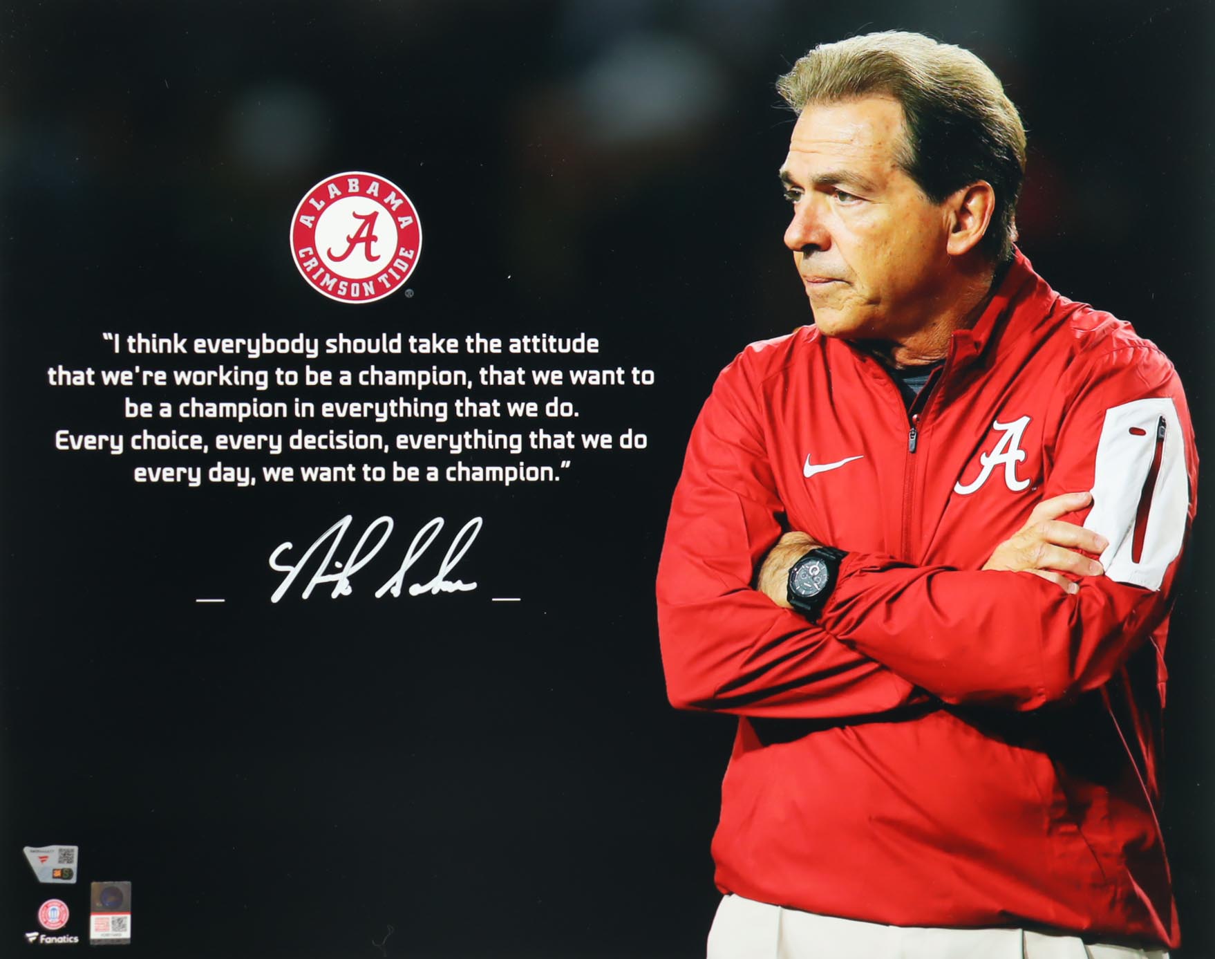 Nick Saban Signed Alabama Crimson Tide 16x20 Photo (Fanatics) at PristineAuction.com Nick Saban Signed Alabama Crimson Tide 16x20 Photo (Fanatics) at PristineAuction.com