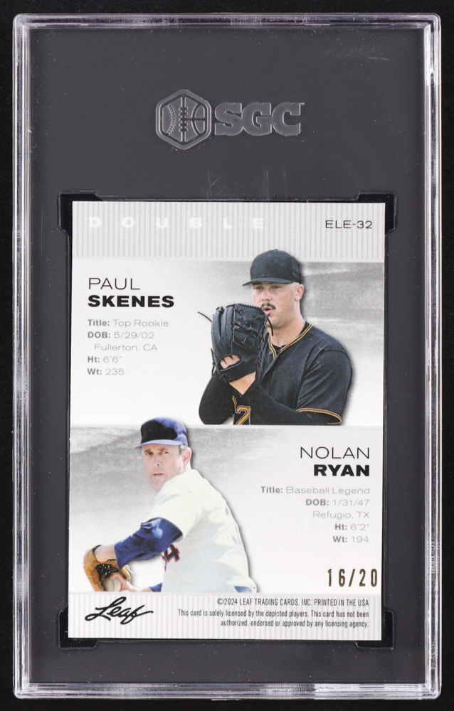 Paul Skenes RC / Nolan Ryan 2024 Leaf Metal Special Release Exclusive Legends Edition Crystal Blue #ELE32 #16/20 (SGC 10) at PristineAuction.com Paul Skenes RC / Nolan Ryan 2024 Leaf Metal Special Release Exclusive Legends Edition Crystal Blue #ELE32 #16/20 (SGC 10) at PristineAuction.com