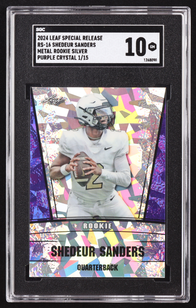 Shedeur Sanders 2024 Leaf Metal Special Release Rookie Silver Crystal Purple #RS16 RC #1/15 (SGC 10) at PristineAuction.com Shedeur Sanders 2024 Leaf Metal Special Release Rookie Silver Crystal Purple #RS16 RC #1/15 (SGC 10) at PristineAuction.com