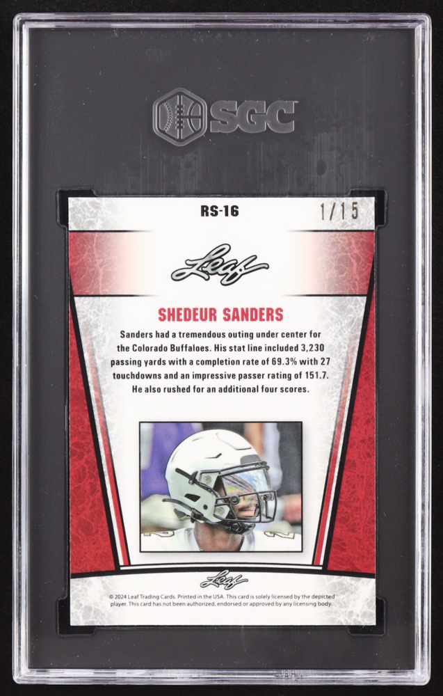 Shedeur Sanders 2024 Leaf Metal Special Release Rookie Silver Crystal Purple #RS16 RC #1/15 (SGC 10) at PristineAuction.com Shedeur Sanders 2024 Leaf Metal Special Release Rookie Silver Crystal Purple #RS16 RC #1/15 (SGC 10) at PristineAuction.com