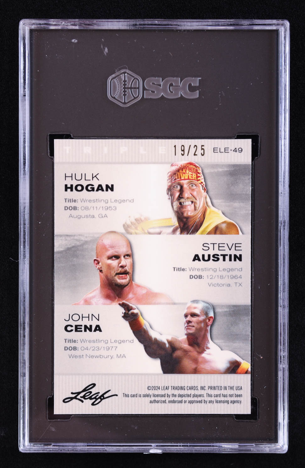 Hulk Hogan / Steve Austin / John Cena 2024 Leaf Special Release Metal Exclusive Legends Edition Crystal Silver #ELE49 #19/25 (SGC 9.5) at PristineAuction.com Hulk Hogan / Steve Austin / John Cena 2024 Leaf Special Release Metal Exclusive Legends Edition Crystal Silver #ELE49 #19/25 (SGC 9.5) at PristineAuction.com