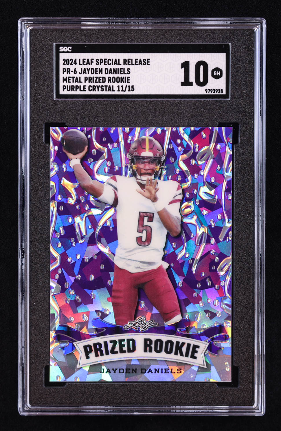 Jayden Daniels 2024 Leaf Metal Special Release Prized Rookie Crystal Purple #PR6 RC #/15 (SGC 10) at PristineAuction.com Jayden Daniels 2024 Leaf Metal Special Release Prized Rookie Crystal Purple #PR6 RC #/15 (SGC 10) at PristineAuction.com