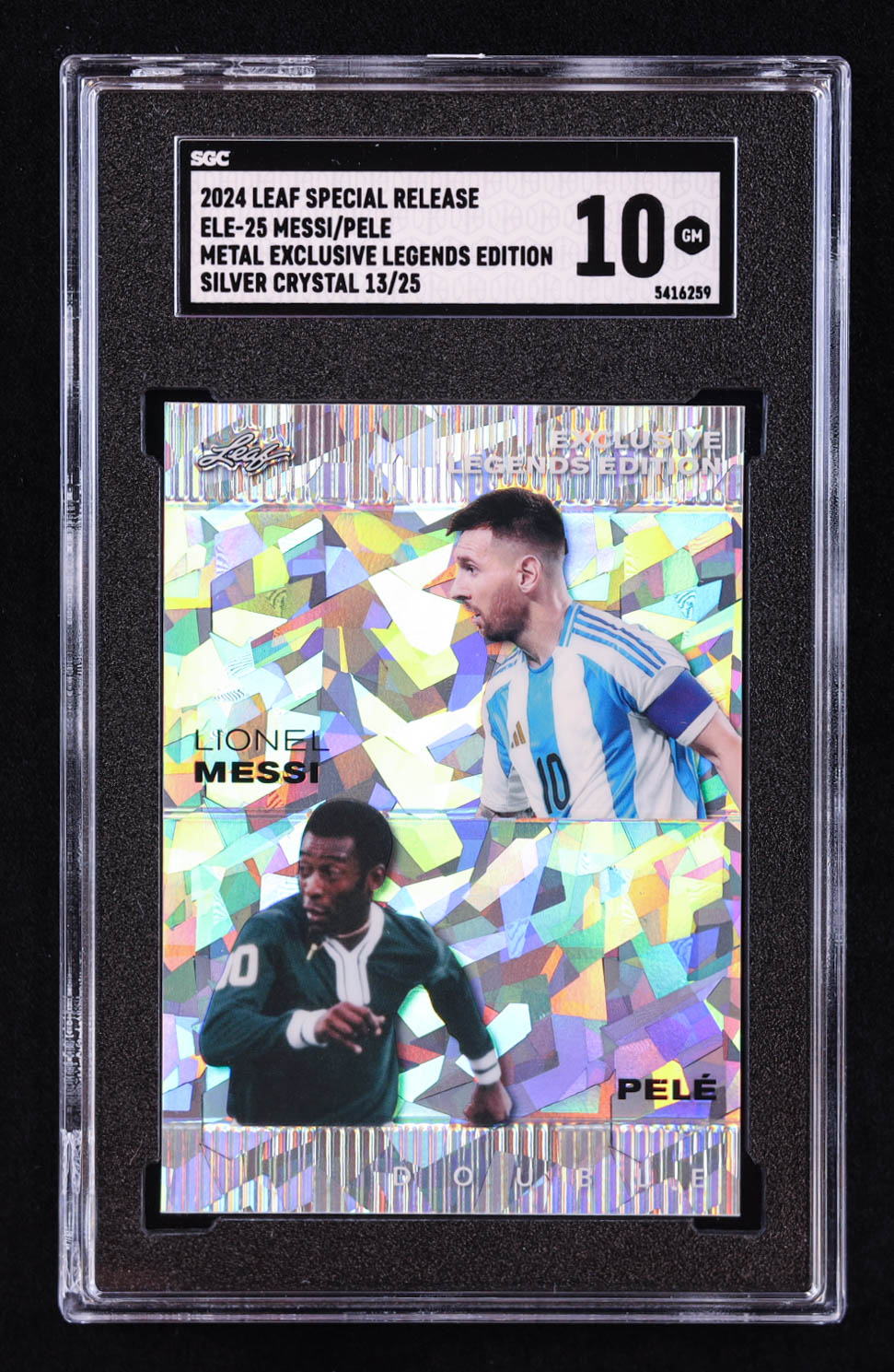 Lionel Messi / Pele 2024 Leaf Metal Special Release Exclusive Legends Edition Crystal Silver #ELE25 #13/25 (SGC 10) at PristineAuction.com Lionel Messi / Pele 2024 Leaf Metal Special Release Exclusive Legends Edition Crystal Silver #ELE25 #13/25 (SGC 10) at PristineAuction.com