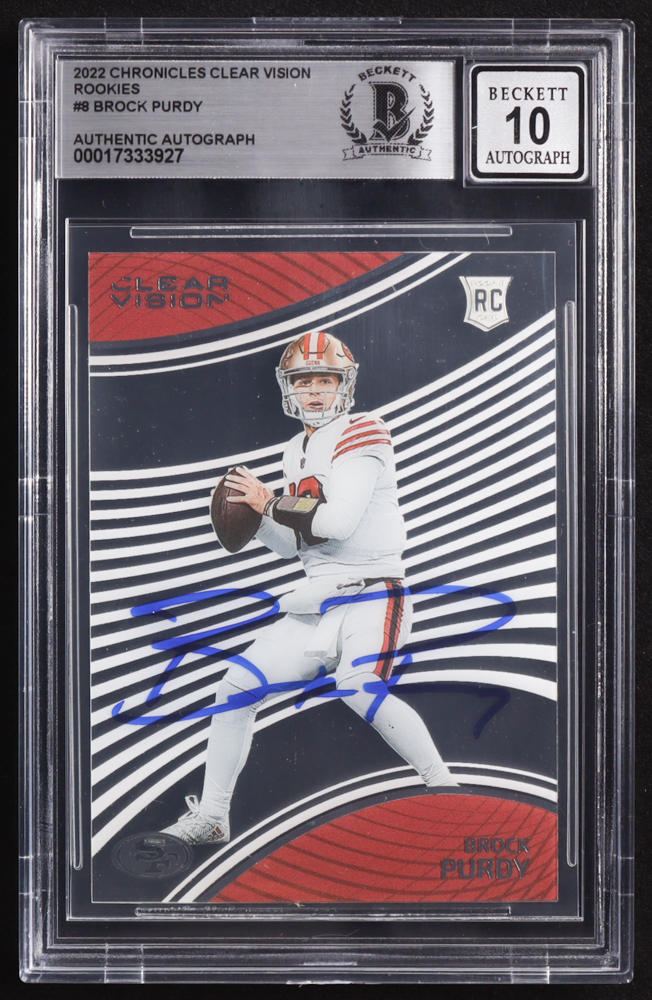 Brock Purdy Signed 2022 Panini Chronicles Clear Vision Rookies #8 RC (BGS | Autograph Graded BGS 10) at PristineAuction.com Brock Purdy Signed 2022 Panini Chronicles Clear Vision Rookies #8 RC (BGS | Autograph Graded BGS 10) at PristineAuction.com
