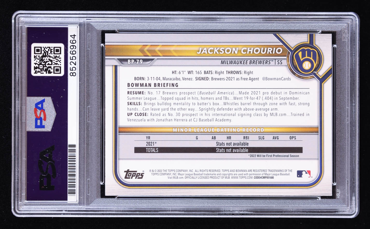 Jackson Chourio Signed 2022 Bowman Prospects #BP79 RC (PSA) at PristineAuction.com Jackson Chourio Signed 2022 Bowman Prospects #BP79 RC (PSA) at PristineAuction.com