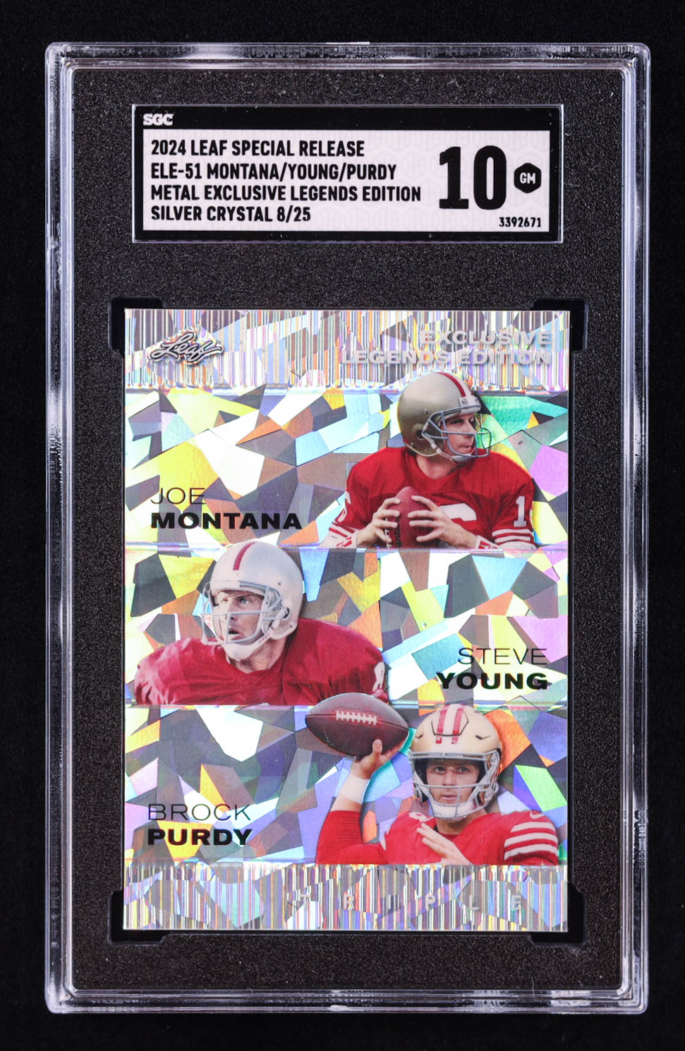 Joe Montana / Steve Young / Brock Purdy 2024 Leaf Metal Special Release Exclusive Legends Edition Crystal Silver #ELE51 #8/25 (SGC 10) at PristineAuction.com Joe Montana / Steve Young / Brock Purdy 2024 Leaf Metal Special Release Exclusive Legends Edition Crystal Silver #ELE51 #8/25 (SGC 10) at PristineAuction.com