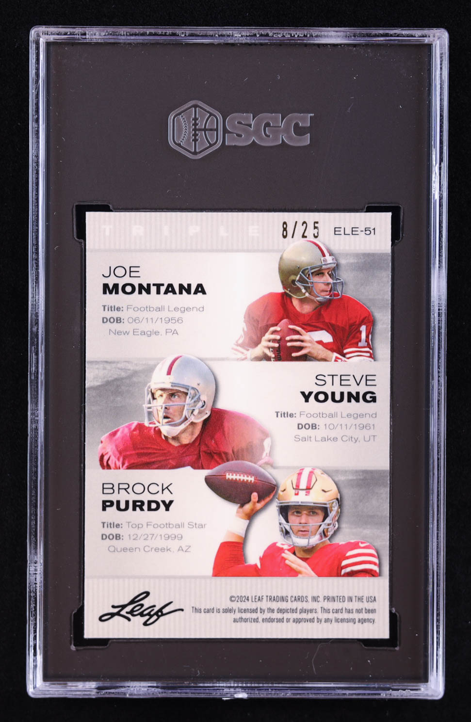 Joe Montana / Steve Young / Brock Purdy 2024 Leaf Metal Special Release Exclusive Legends Edition Crystal Silver #ELE51 #8/25 (SGC 10) at PristineAuction.com Joe Montana / Steve Young / Brock Purdy 2024 Leaf Metal Special Release Exclusive Legends Edition Crystal Silver #ELE51 #8/25 (SGC 10) at PristineAuction.com