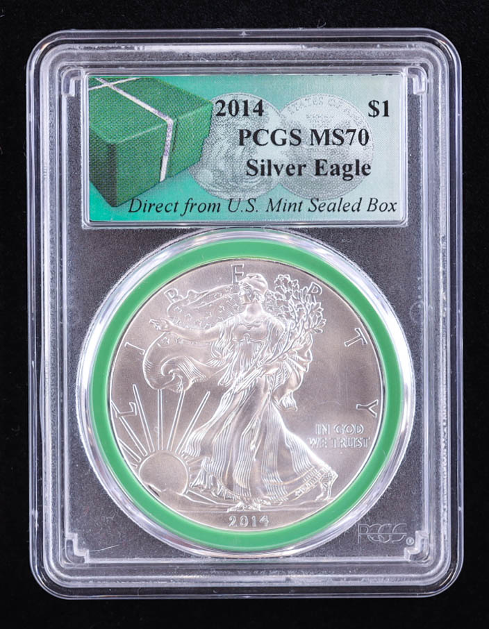 2014 American Silver Eagle, Direct From U.S. Mint Sealed Box (PCGS MS70) at PristineAuction.com 2014 American Silver Eagle, Direct From U.S. Mint Sealed Box (PCGS MS70) at PristineAuction.com