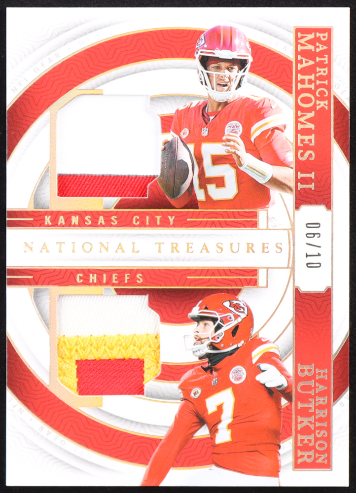 Patrick Mahomes II / Harrison Butker 2023 Panini National Treasures NFL Gear Combo Materials Holo Gold #14 #06/10 at PristineAuction.com Patrick Mahomes II / Harrison Butker 2023 Panini National Treasures NFL Gear Combo Materials Holo Gold #14 #06/10 at PristineAuction.com