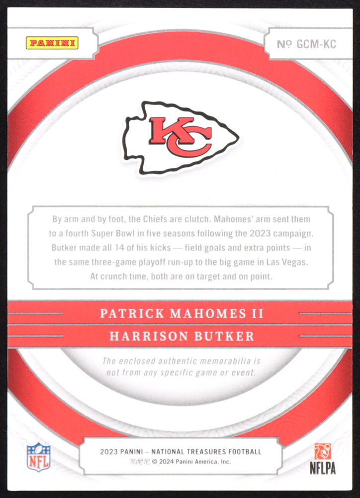 Patrick Mahomes II / Harrison Butker 2023 Panini National Treasures NFL Gear Combo Materials Holo Gold #14 #06/10 at PristineAuction.com Patrick Mahomes II / Harrison Butker 2023 Panini National Treasures NFL Gear Combo Materials Holo Gold #14 #06/10 at PristineAuction.com