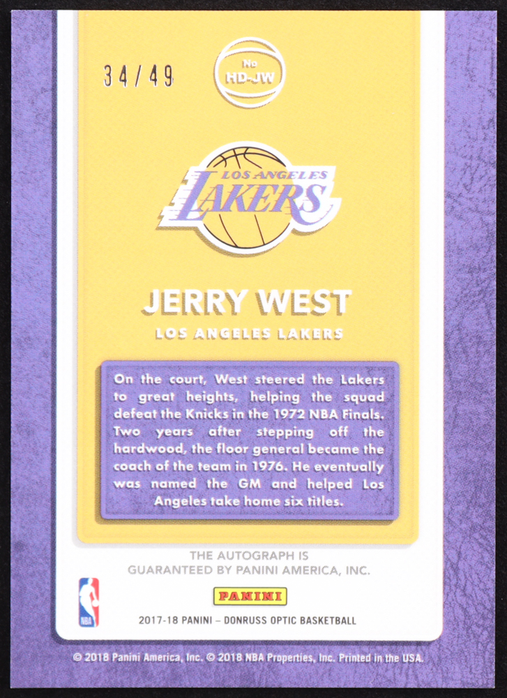 Jerry West 2017-18 Donruss Optic Hall Dominators Signatures #19 #34/49 at PristineAuction.com Jerry West 2017-18 Donruss Optic Hall Dominators Signatures #19 #34/49 at PristineAuction.com