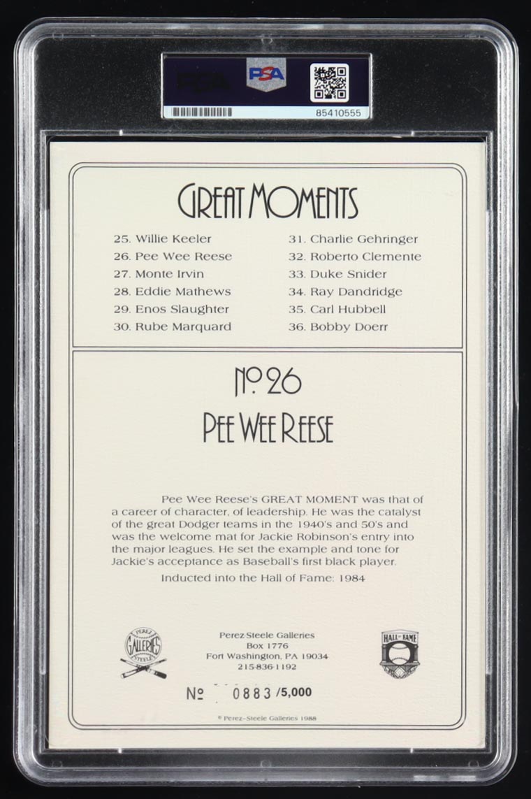 Pee Wee Reese Signed LE 1988 Perez-Steele Great Moments #26 (PSA) at PristineAuction.com Pee Wee Reese Signed LE 1988 Perez-Steele Great Moments #26 (PSA) at PristineAuction.com