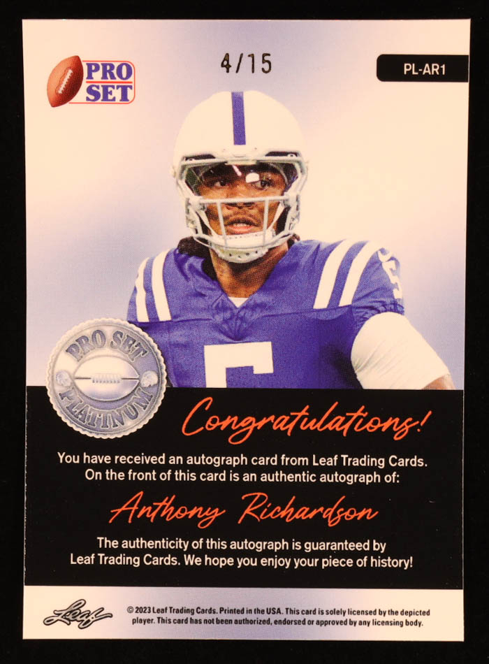 Anthony Richardson 2023 Leaf Pro Set Metal Platinum Crystal Silver #PL-AR1 RC #4/15 at PristineAuction.com Anthony Richardson 2023 Leaf Pro Set Metal Platinum Crystal Silver #PL-AR1 RC #4/15 at PristineAuction.com