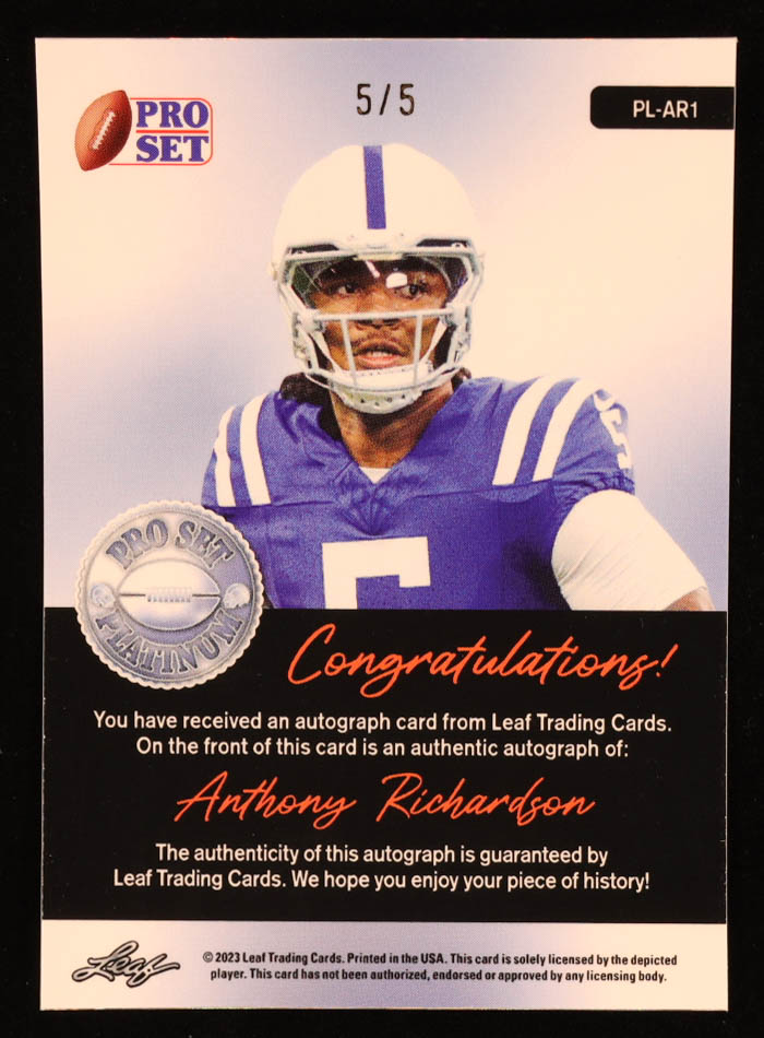 Anthony Richardson 2023 Leaf Pro Set Metal Platinum Crystal Pink #PL-AR1 RC #5/5 at PristineAuction.com Anthony Richardson 2023 Leaf Pro Set Metal Platinum Crystal Pink #PL-AR1 RC #5/5 at PristineAuction.com