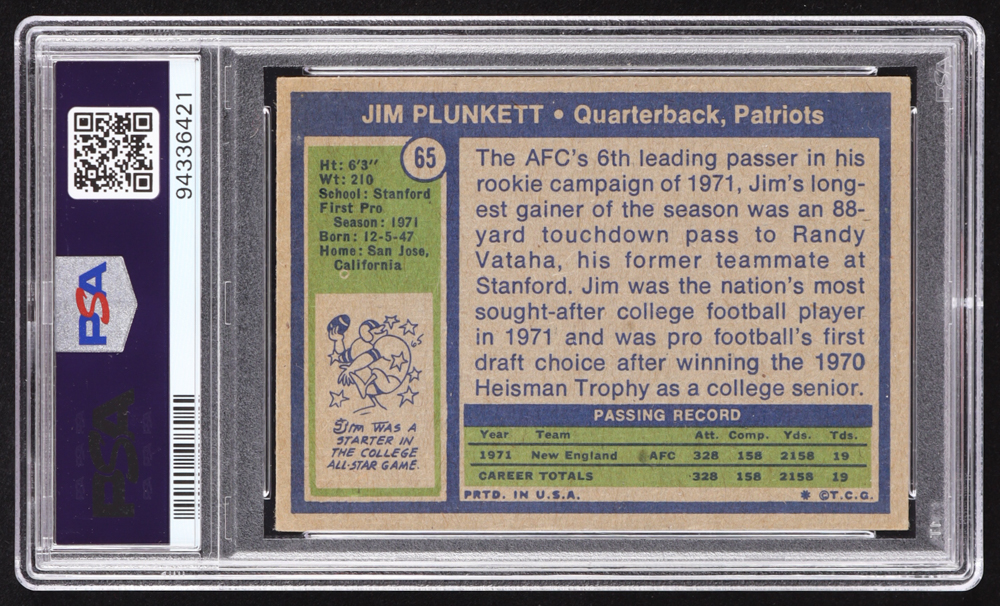 Jim Plunkett Signed 1972 Topps #65 RC (PSA | Autograph Grade 9) at PristineAuction.com Jim Plunkett Signed 1972 Topps #65 RC (PSA | Autograph Grade 9) at PristineAuction.com