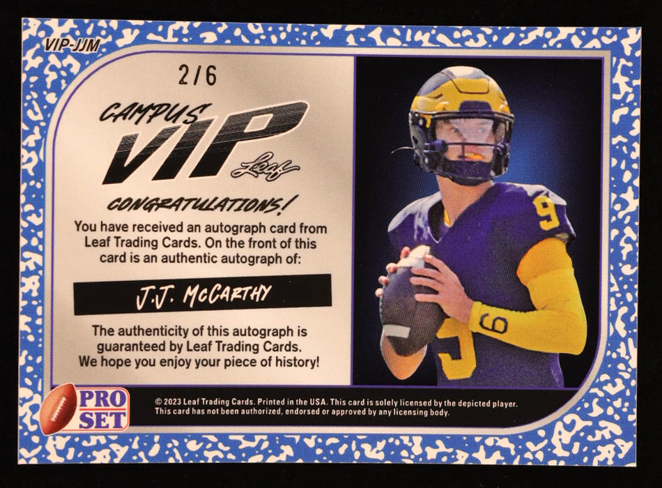 J.J. McCarthy 2023 Leaf Pro Set Metal Campus VIP Pulsar Purple #VIP-JJM RC #2/6 at PristineAuction.com J.J. McCarthy 2023 Leaf Pro Set Metal Campus VIP Pulsar Purple #VIP-JJM RC #2/6 at PristineAuction.com