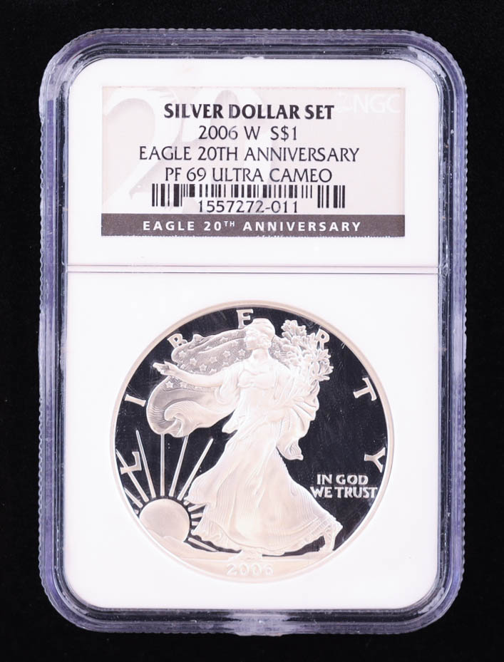 2006-W Proof American Silver Eagle - 20th Anniversary Silver Dollar Set (NGC PF69 ULTRA CAMEO) at PristineAuction.com 2006-W Proof American Silver Eagle - 20th Anniversary Silver Dollar Set (NGC PF69 ULTRA CAMEO) at PristineAuction.com