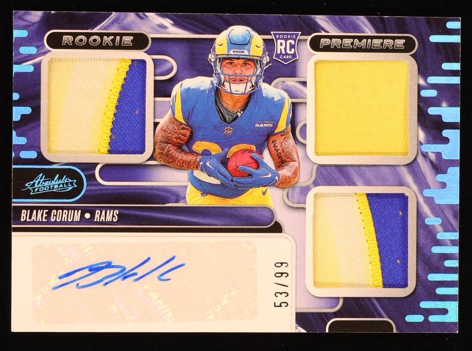 Blake Corum 2024 Absolute Rookie Premiere Materials Autographs Spectrum #18 #53/99 RC at PristineAuction.com Blake Corum 2024 Absolute Rookie Premiere Materials Autographs Spectrum #18 #53/99 RC at PristineAuction.com