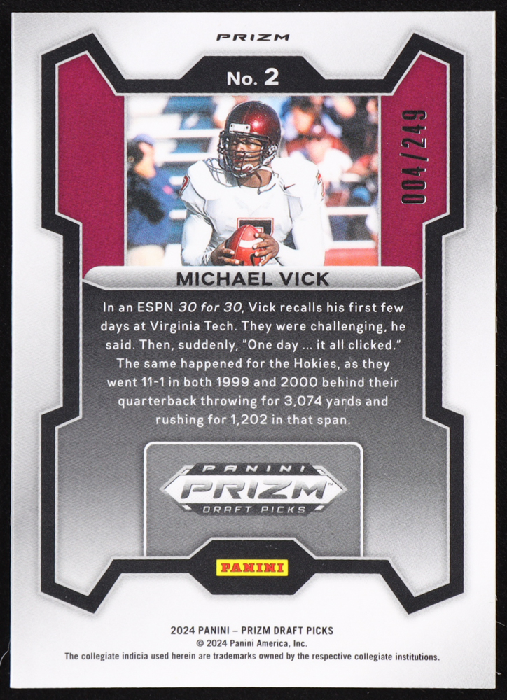 Michael Vick 2024 Panini Prizm Draft Picks Prizms Blue Wave #2 #4/249 at PristineAuction.com Michael Vick 2024 Panini Prizm Draft Picks Prizms Blue Wave #2 #4/249 at PristineAuction.com