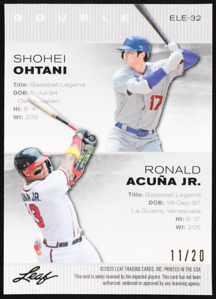 Shohei Ohtani / Ronald Acuna Jr. 2023 Leaf Metal Exclusive Legends Edition Mojo Blue #ELE32 #11/20 at PristineAuction.com Shohei Ohtani / Ronald Acuna Jr. 2023 Leaf Metal Exclusive Legends Edition Mojo Blue #ELE32 #11/20 at PristineAuction.com