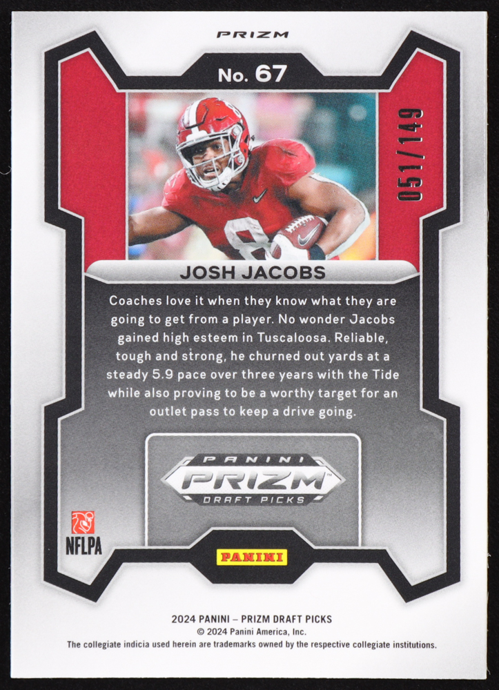 Josh Jacobs 2024 Panini Prizm Draft Picks Prizms Purple Ice #67 #51/149 at PristineAuction.com Josh Jacobs 2024 Panini Prizm Draft Picks Prizms Purple Ice #67 #51/149 at PristineAuction.com
