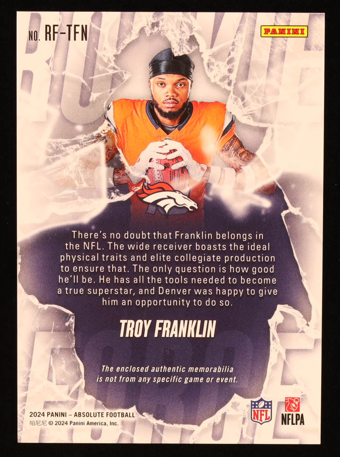 Troy Franklin 2024 Absolute Rookie Force Jerseys Holo Silver #7 #42/49 RC at PristineAuction.com Troy Franklin 2024 Absolute Rookie Force Jerseys Holo Silver #7 #42/49 RC at PristineAuction.com