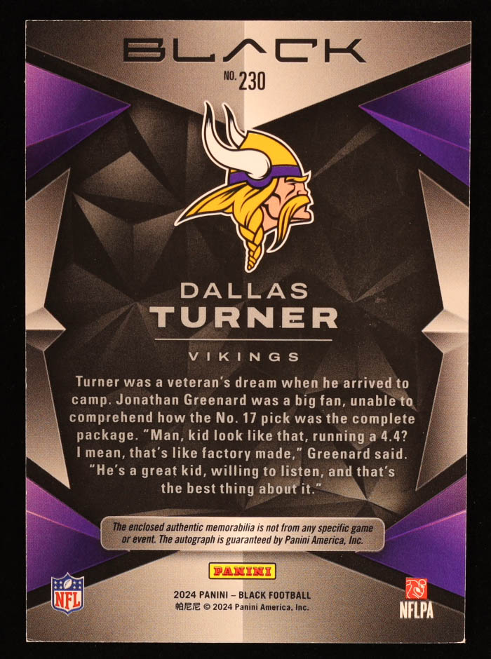 Dallas Turner 2024 Panini Black Citrine #230 Jersey Autograph #24/50 RC at PristineAuction.com Dallas Turner 2024 Panini Black Citrine #230 Jersey Autograph #24/50 RC at PristineAuction.com